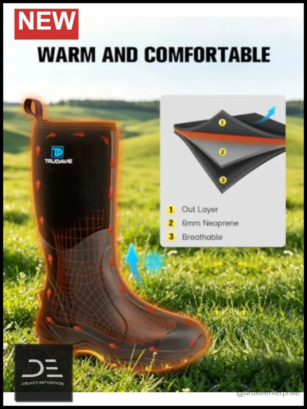 Waterproof Insulated Neoprene Rubber Rain Boots with Steel Shank - Outdoor